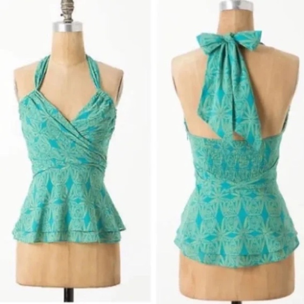 Anthropologie Vanessa Virginia Swathed Sprouts Printed Cotton Blue Halter Top 6